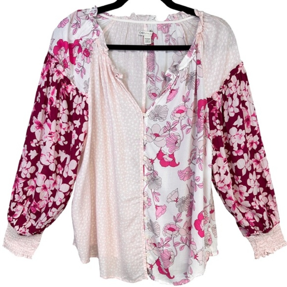 Floral Hearts Patchwork Prairie Long Sleeve Smocked Cuff Top Cottagecore 14/16W